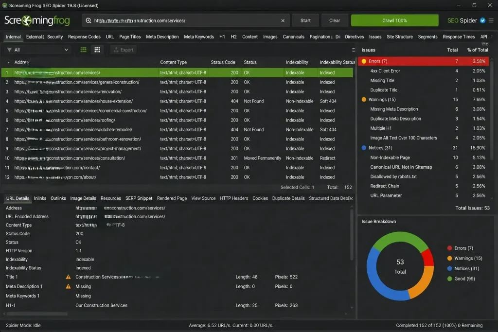 Screaming Frog crawl report used for on-page SEO analysis and optimization