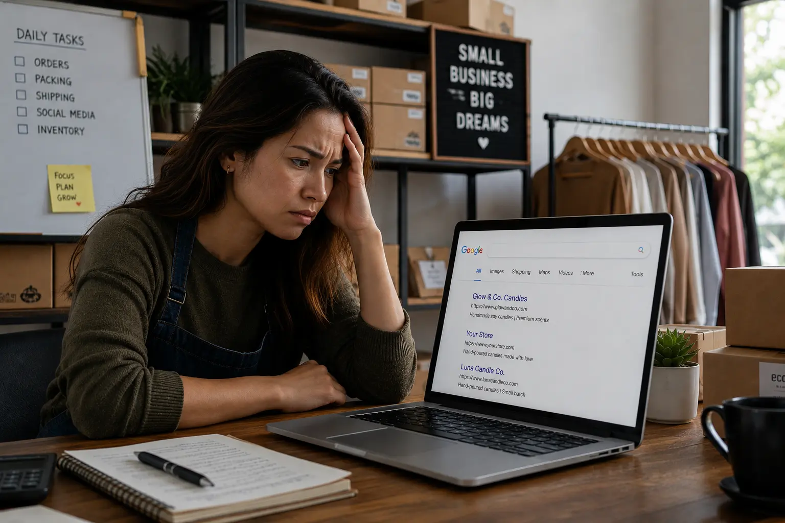 A small business owner looking at Google search results showing a competitor ranking higher on the first page